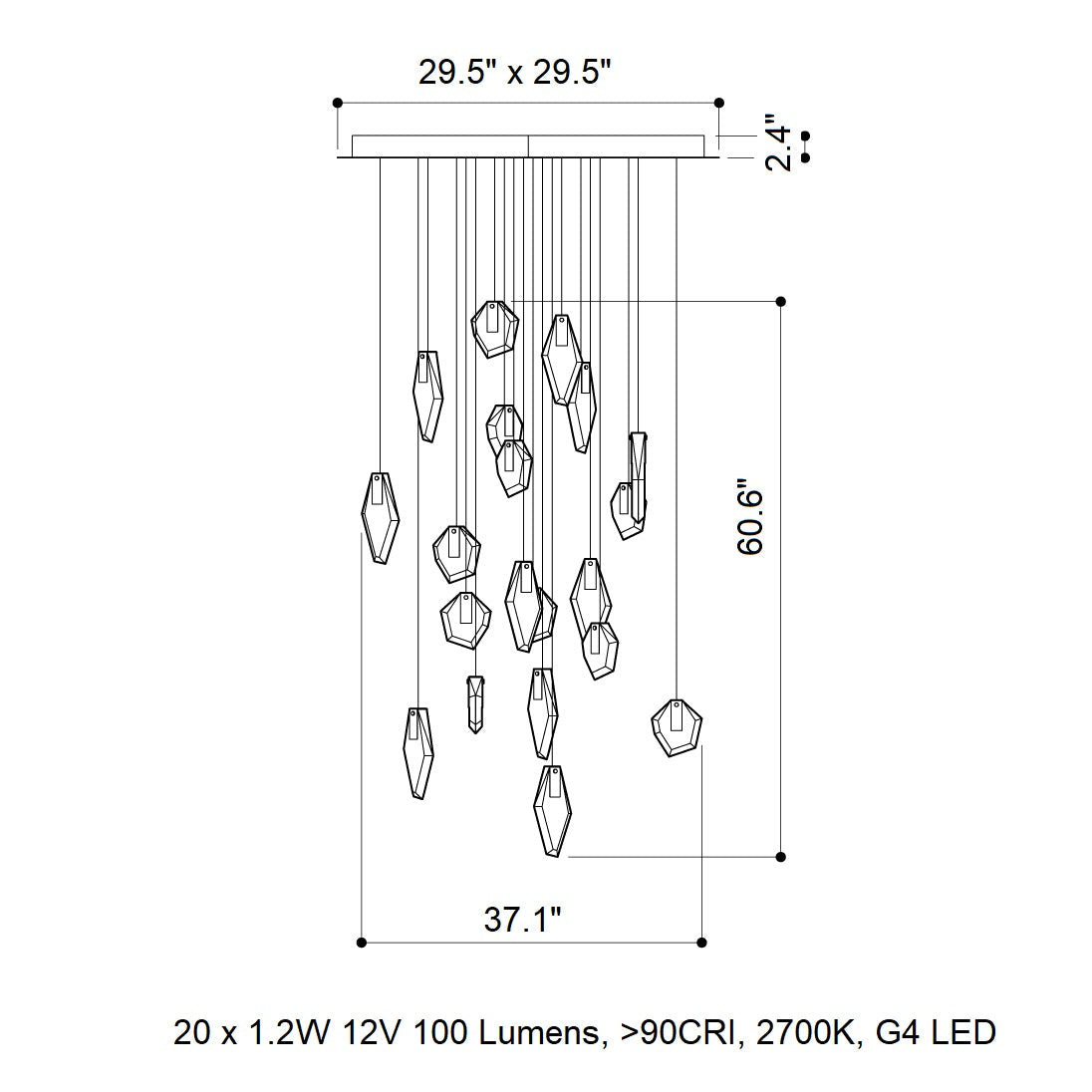 Nivocyn Square LED Chandelier Fragmentglass & Metal 37.1"W x 37.1"D