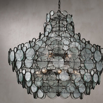 Beleimond Chandelier Wrought Iron & Recycled Glass Disc 43"D