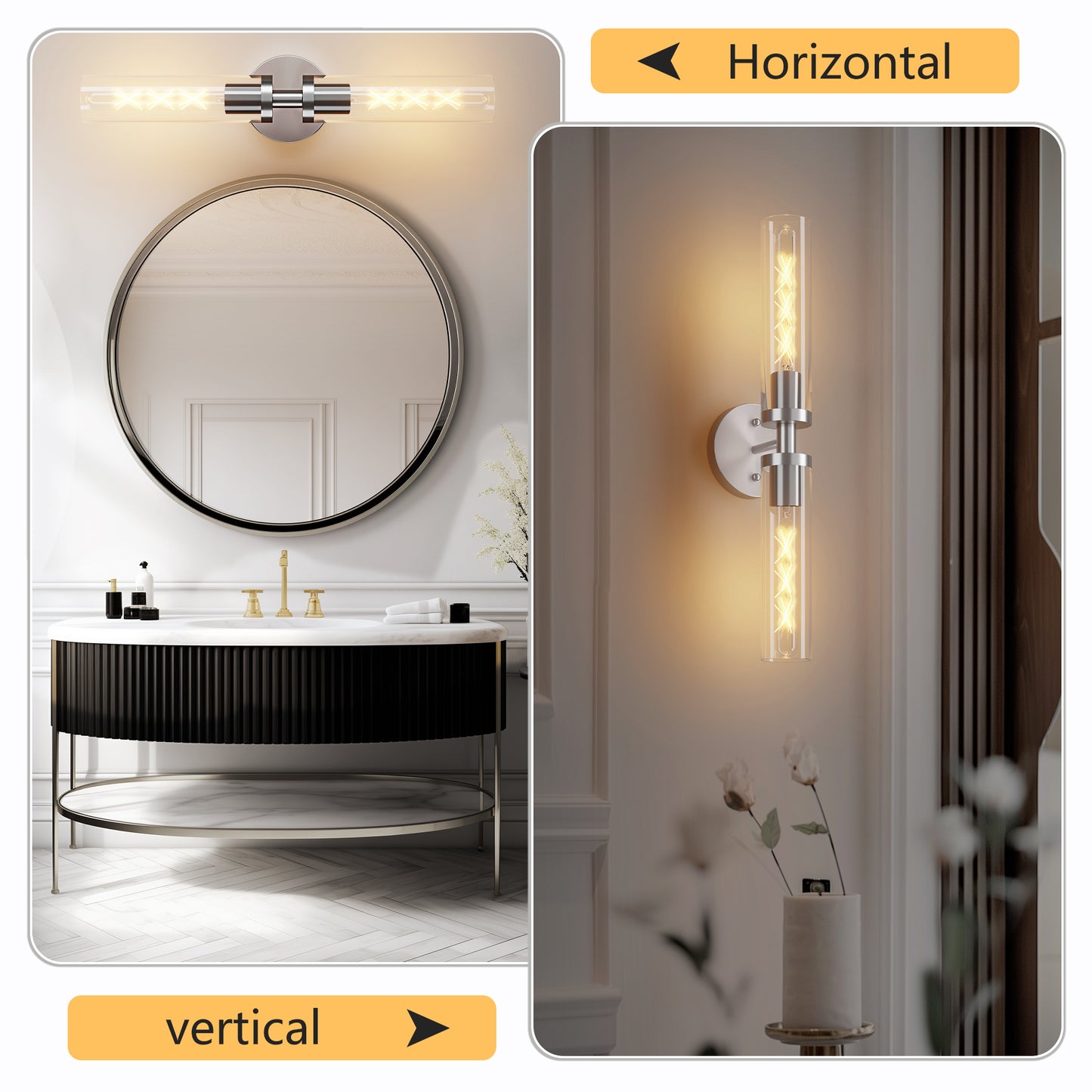Wall Sconces Set Of Two, Hardwired Brushed Nickel Bathroom Sconces Wall Lighting With Clear Glass, Modern Sconces Wall Decor Set Of 2 Wall Light Fixtures For Mirror Hallway  Bulbs Not Included