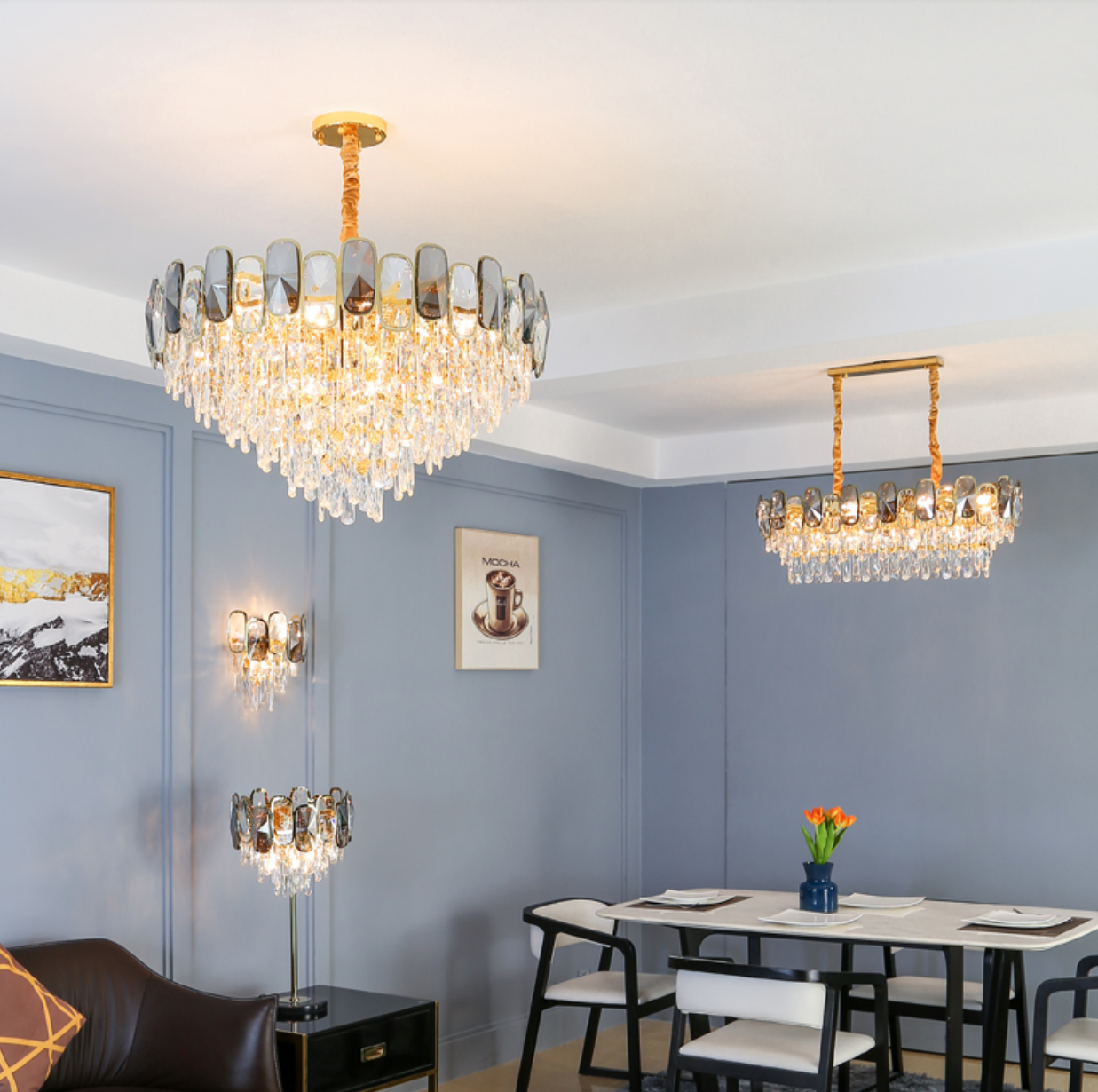 Round/Rectangle Smoky Gray Crystal Pendant Chandelier Ceiling Fixtures Light For Living Room/Dining Room/Entryway