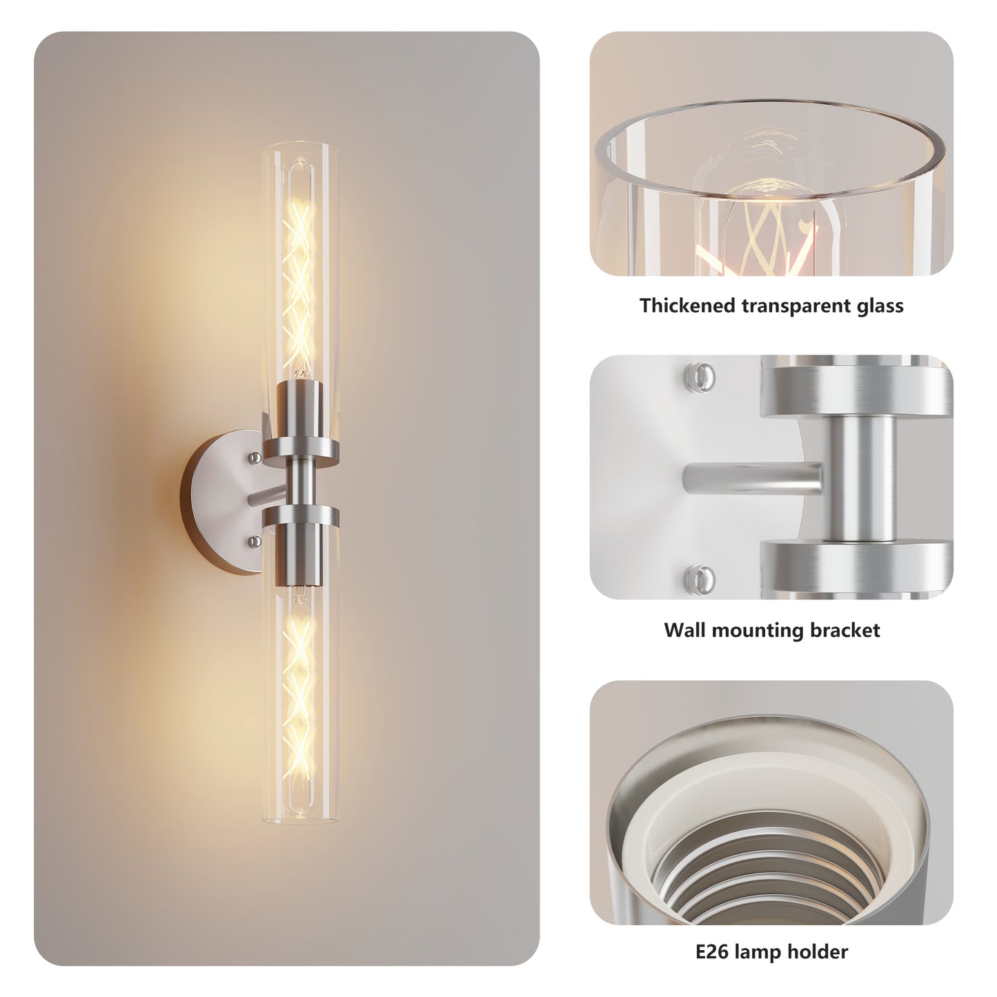 Wall Sconces Set Of Two, Hardwired Brushed Nickel Bathroom Sconces Wall Lighting With Clear Glass, Modern Sconces Wall Decor Set Of 2 Wall Light Fixtures For Mirror Hallway  Bulbs Not Included