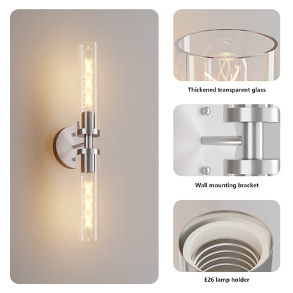 Wall Sconces Set Of Two, Hardwired Brushed Nickel Bathroom Sconces Wall Lighting With Clear Glass, Modern Sconces Wall Decor Set Of 2 Wall Light Fixtures For Mirror Hallway  Bulbs Not Included
