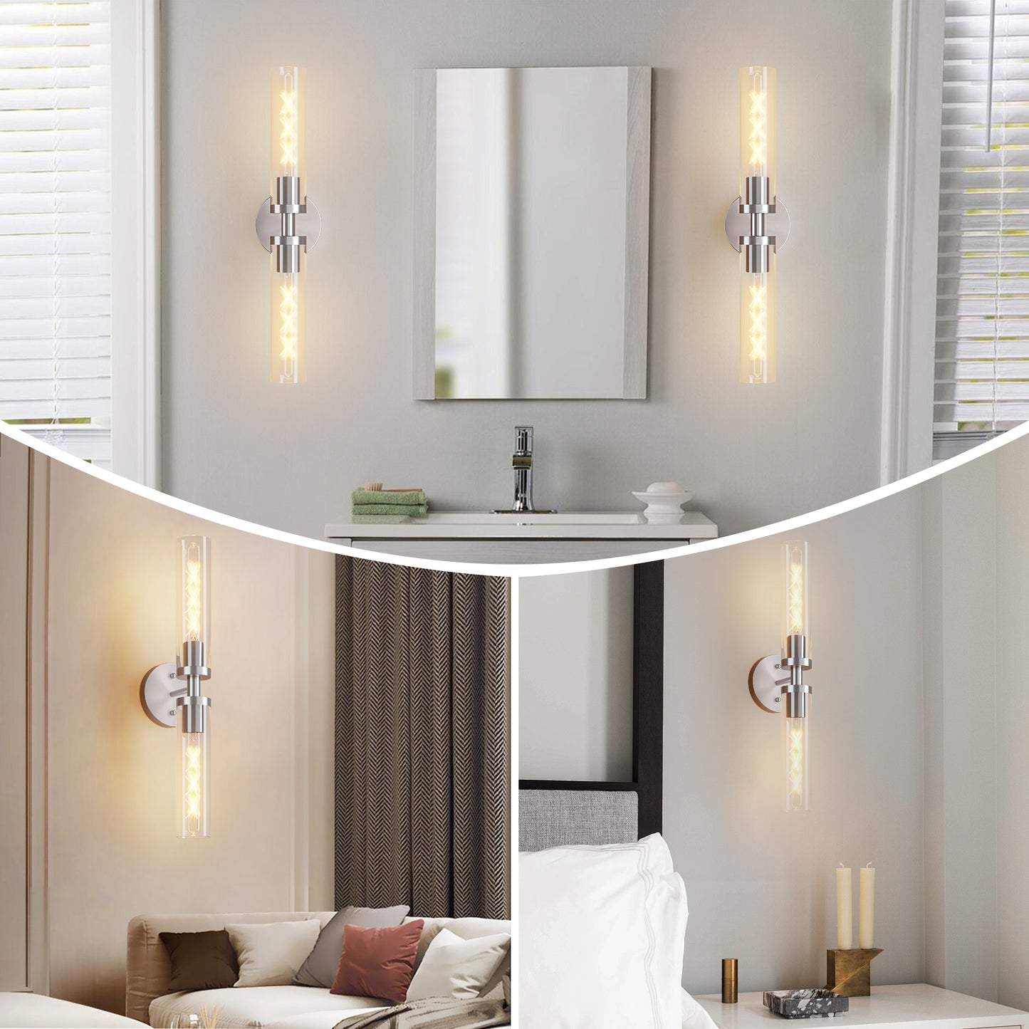 Wall Sconces Set Of Two, Hardwired Brushed Nickel Bathroom Sconces Wall Lighting With Clear Glass, Modern Sconces Wall Decor Set Of 2 Wall Light Fixtures For Mirror Hallway  Bulbs Not Included
