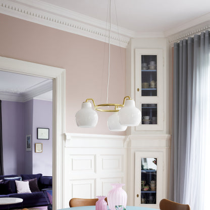 Elaetor Ring Crown Chandelier Shade: Mouth-blown & 3-layered & Opal Glass. Pendant Suspension: Untreated Brass & Will Patinate 21.7"W x 21.7"D