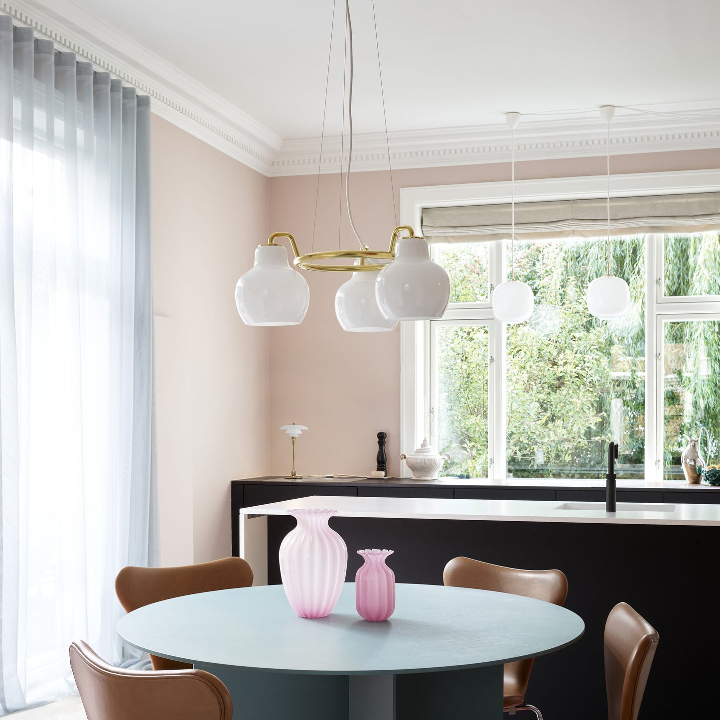 Elaetor Ring Crown Chandelier Shade: Mouth-blown & 3-layered & Opal Glass. Pendant Suspension: Untreated Brass & Will Patinate 21.7"W x 21.7"D
