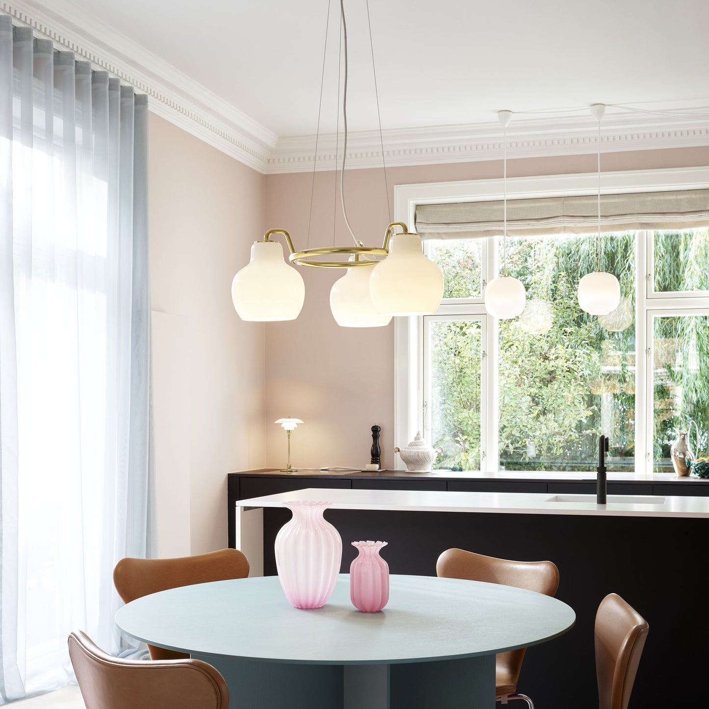 Elaetor Ring Crown Chandelier Shade: Mouth-blown & 3-layered & Opal Glass. Pendant Suspension: Untreated Brass & Will Patinate 21.7"W x 21.7"D