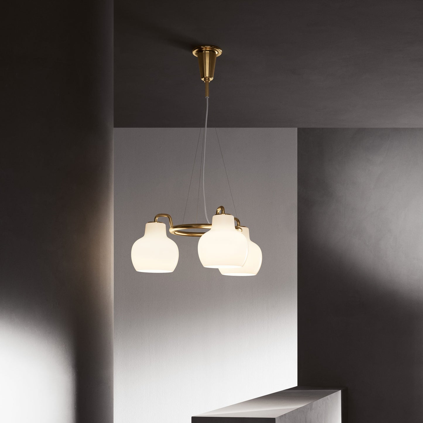 Elaetor Ring Crown Chandelier Shade: Mouth-blown & 3-layered & Opal Glass. Pendant Suspension: Untreated Brass & Will Patinate 21.7"W x 21.7"D