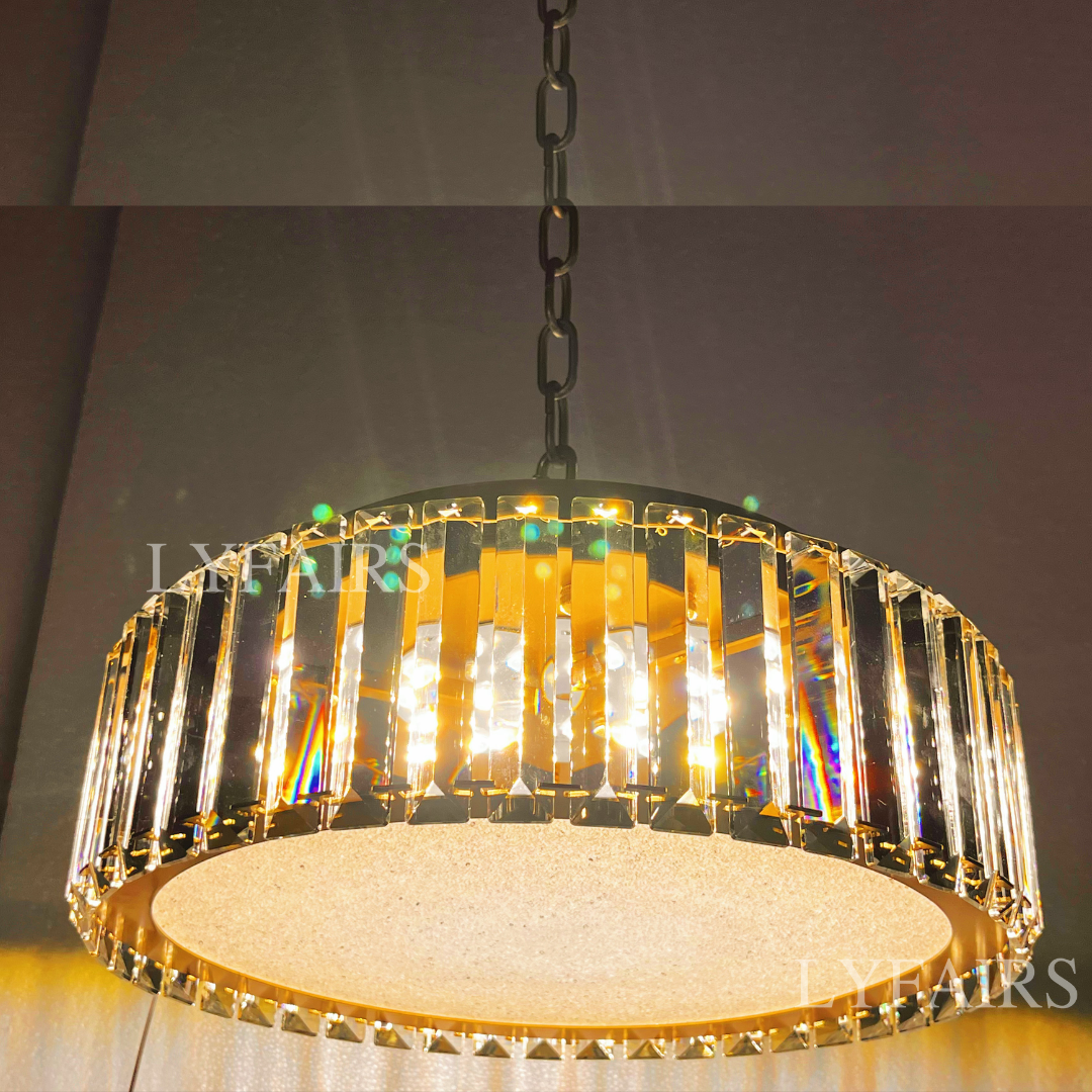 Hotel Gold Flush Mount Ceiling Lighting Fixture Round Crystal Chandelier For Bedroom