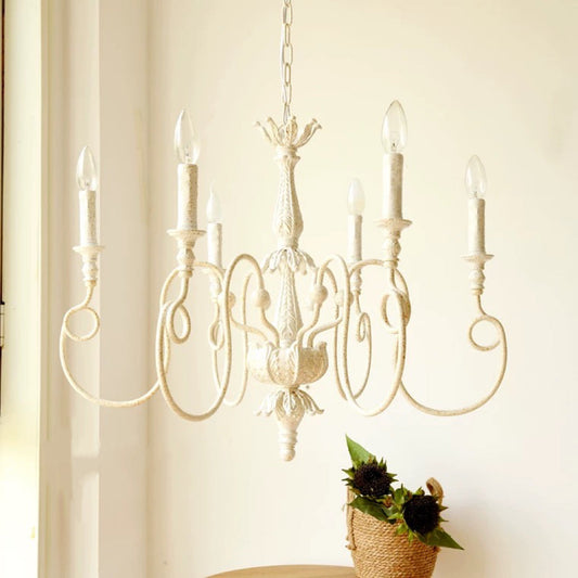 French Vintage Country Style White Rustic Iron Art Chandelier 6/8 Lights for Dining Room Bedroom Living Room