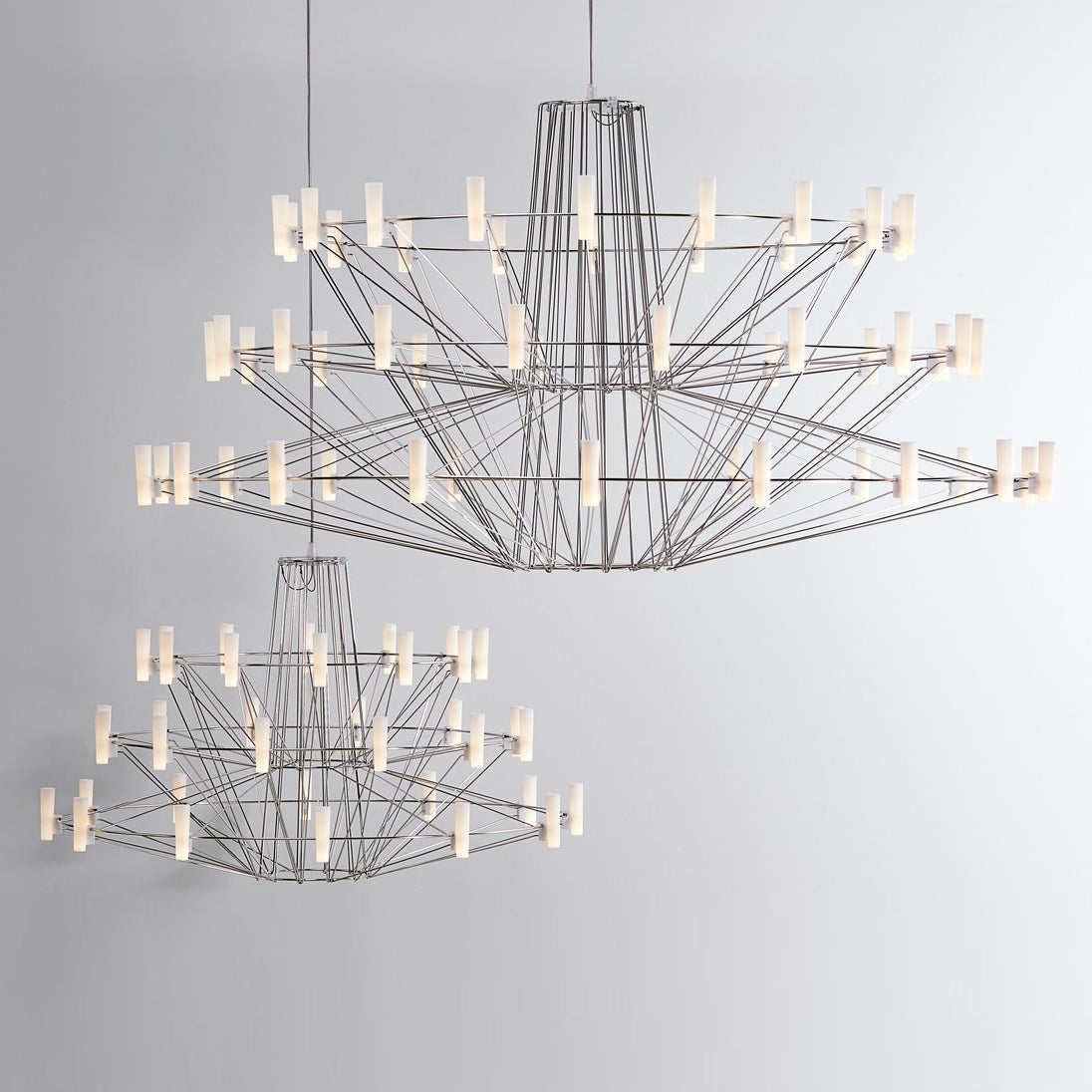 Oreilume Chandelier Electrolytic Polished Stainless Steel Frame. Poly Carbonate Shades & Suspension Bracket 26.7"D