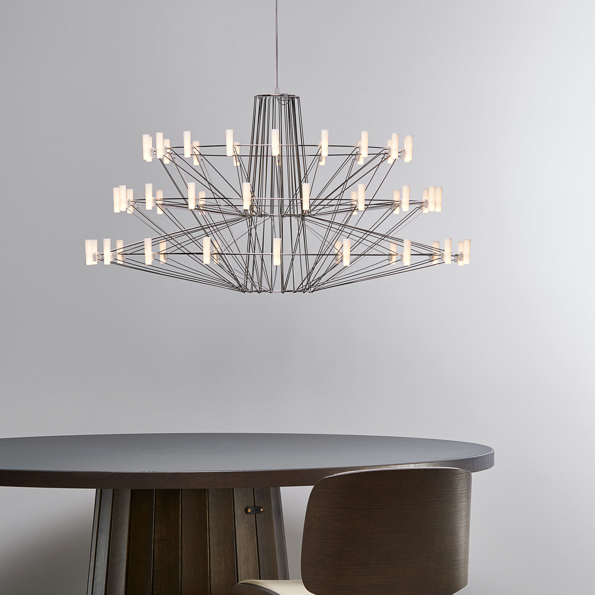 Oreilume Chandelier Electrolytic Polished Stainless Steel Frame. Poly Carbonate Shades & Suspension Bracket 26.7"D