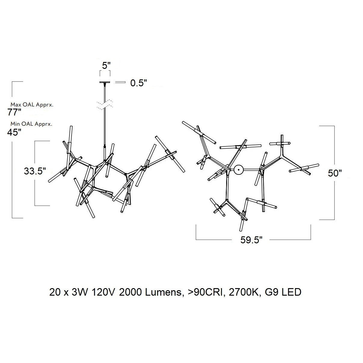 Kaievra 20-Light LED Chandelier Machined Aluminum & Glass 59.5"W x 50"D