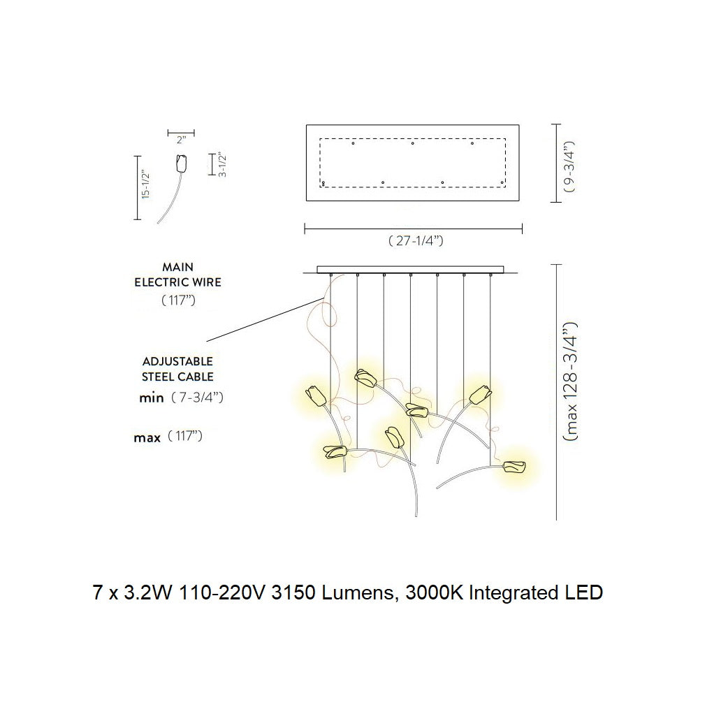 Oriolume Linear LED Chandelier Lentiflex & Brass & Copper Electric Wires