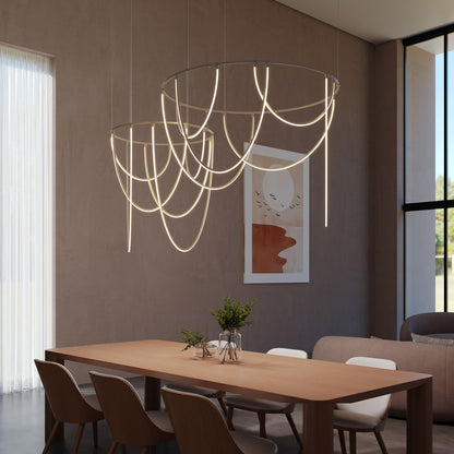 Lunalen 2-Bar Offset Ring Multi Light Pendant Light Metal & Etched Glass & Aluminum 82"W x 48.5"D