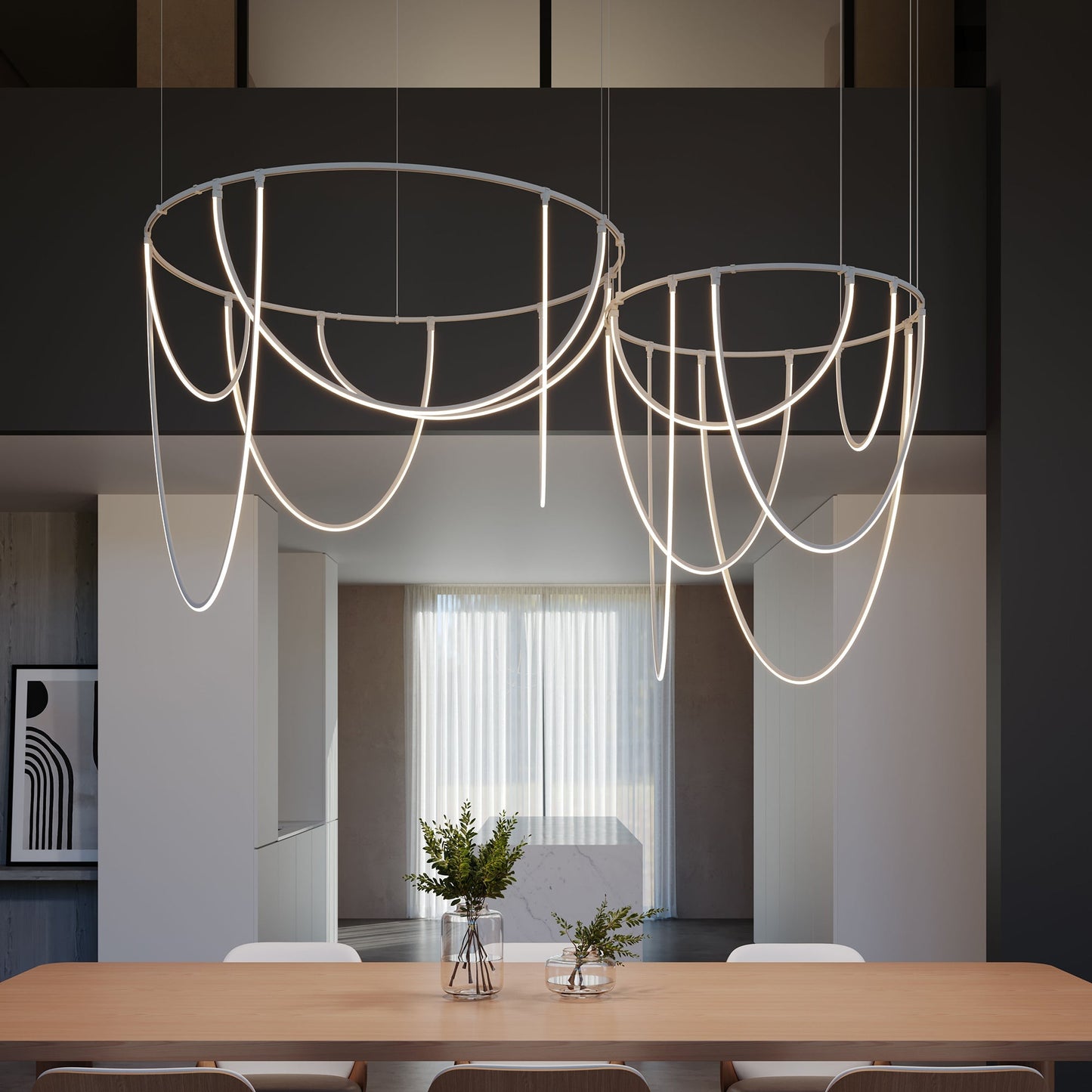 Lunalen 2-Bar Offset Ring Multi Light Pendant Light Metal & Etched Glass & Aluminum 82"W x 48.5"D