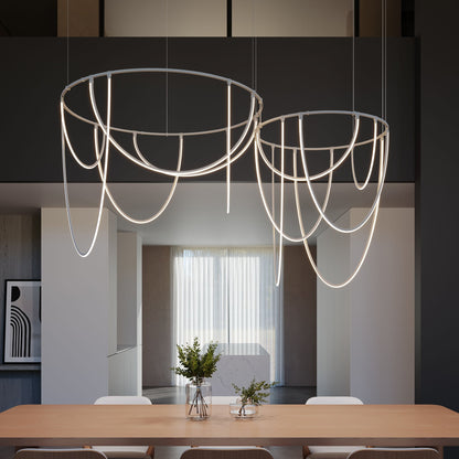 Lunalen 2-Bar Offset Ring Multi Light Pendant Light Metal & Etched Glass & Aluminum 82"W x 48.5"D