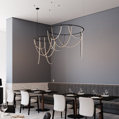 Lunalen 2-Bar Offset Ring Multi Light Pendant Light Metal & Etched Glass & Aluminum 82"W x 48.5"D