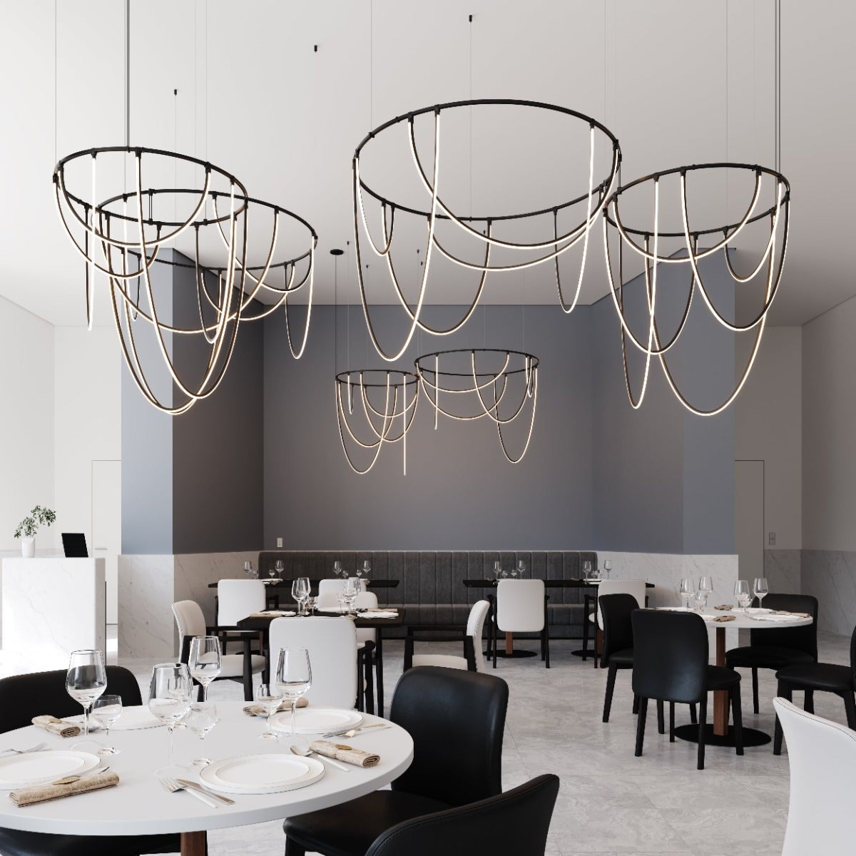 Lunalen 2-Bar Offset Ring Multi Light Pendant Light Metal & Etched Glass & Aluminum 82"W x 48.5"D