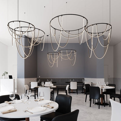Lunalen 2-Bar Offset Ring Multi Light Pendant Light Metal & Etched Glass & Aluminum 82"W x 48.5"D