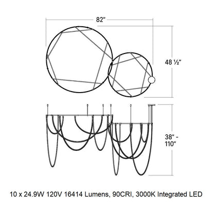 Lunalen 2-Bar Offset Ring Multi Light Pendant Light Metal & Etched Glass & Aluminum 82"W x 48.5"D