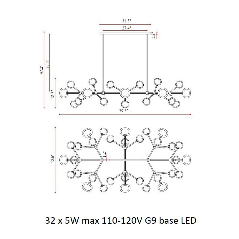 Heliovaro Flat Chandelier Metal & Brass & Borosilicate Glass 80.7"W x 40.6"D