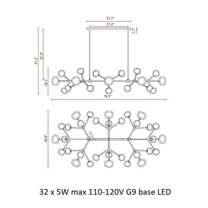 Heliovaro Flat Chandelier Metal & Brass & Borosilicate Glass 80.7"W x 40.6"D