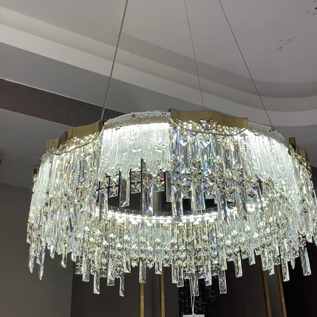 Modern Light Luxury 1/2-Tier Round/Rectangular Crystal Chandelier In Champagne Gold Finish for Living Room/Dining Room/Bedroom