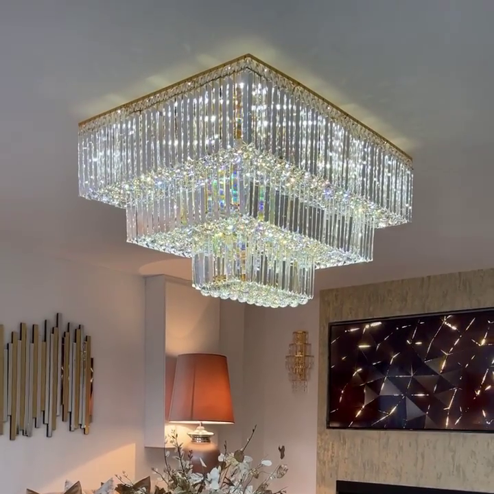 Square Crystal Ceiling Crystal Chandelier Light Fixture Three Layers