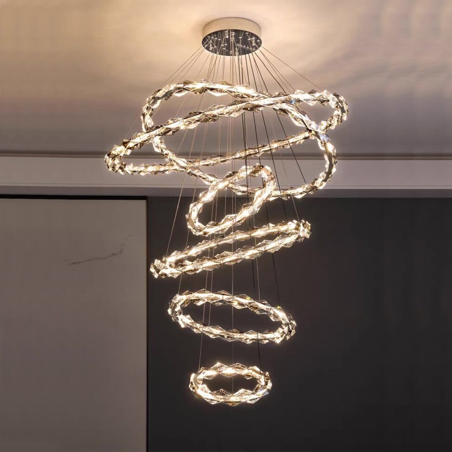 Oversized Multi-Tiered Rings Crystal Chandelier Modern Clear and Grey Crystal Ceiling Light Fixture For Staircase/Foyer/Hallway/Entryway - Richardrider
